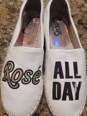 Circus by Sam Edelman White Espadrille Slip-Ons with Iridescent Rosé Detail